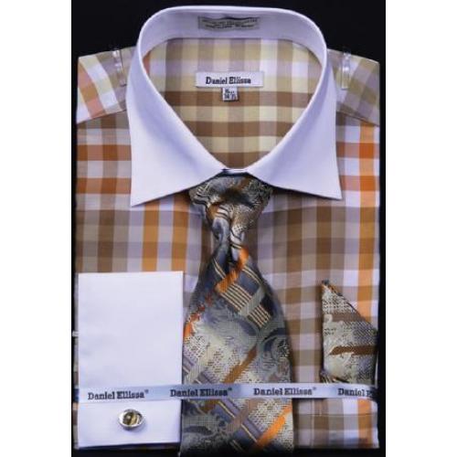 Daniel Ellissa Olive Checker Pattern Shirt / Tie / Hanky Set With Free Cufflinks DS3773P2